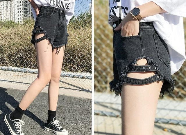 Rivet denim shorts NEW summer women high waist loose tassel jeans shorts - Biwav