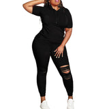 Plus Size 2 Piece Short Sleeve Hooded Shirt and Hole Pant Sets - Bwavii 