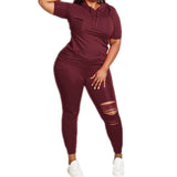 Plus Size 2 Piece Short Sleeve Hooded Shirt and Hole Pant Sets - Bwavii 