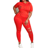 Plus Size 2 Piece Short Sleeve Hooded Shirt and Hole Pant Sets - Bwavii 