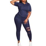 Plus Size 2 Piece Short Sleeve Hooded Shirt and Hole Pant Sets - Bwavii 