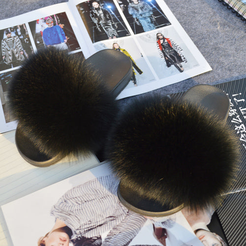 2020 Women Real Genuine Fox Fur Slippers Summer Girls Lovely Fluffy Fox Fur - Biwav
