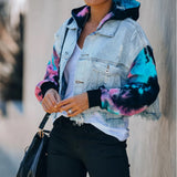 Women Hoodies Tie Dye Sleeve Patchwork Denim Coats - Bwavii 