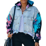 Women Hoodies Tie Dye Sleeve Patchwork Denim Coats - Bwavii 