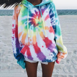 Casual Women Drawstring Hooded Sweatshirt Tie Dye Long Sleeve - Bwavii 