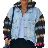 Women Hoodies Tie Dye Sleeve Patchwork Denim Coats - Bwavii 