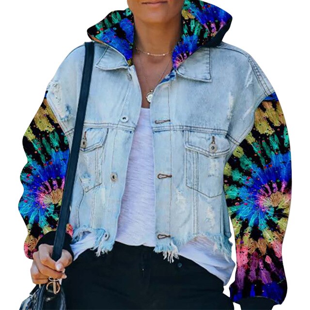 Women Hoodies Tie Dye Sleeve Patchwork Denim Coats