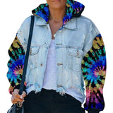 Women Hoodies Tie Dye Sleeve Patchwork Denim Coats - Bwavii 