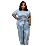 Plus Size Women Casual Loose Stripe Jumpsuit - Bwavii 