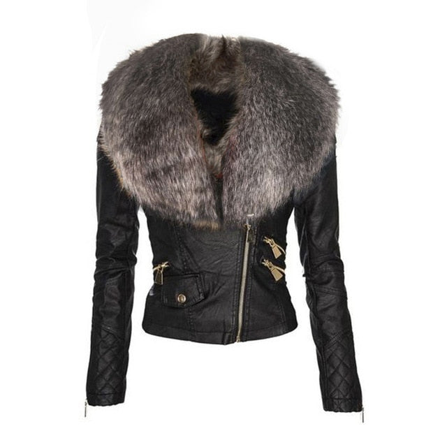 Faux fur leather Jacket Women hoodie Motorcycle Jacket - Bwavii 